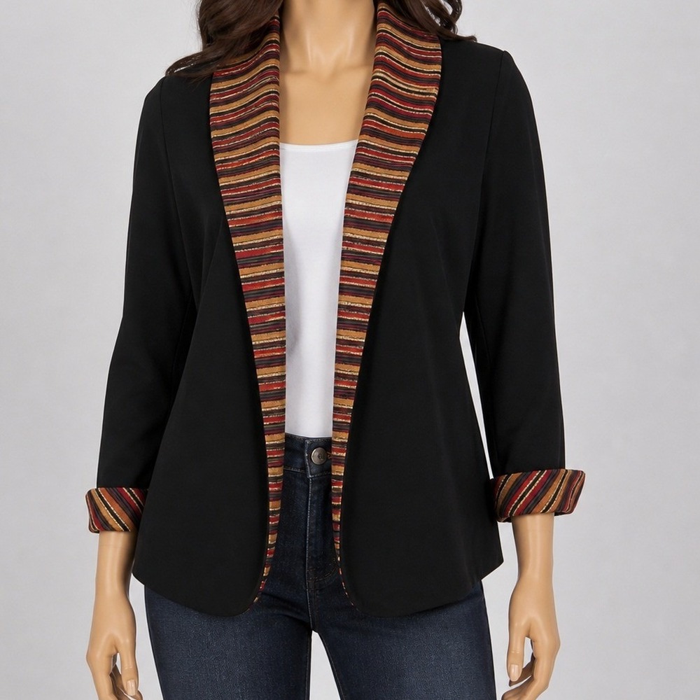 Perceptions Womens Blazer Black Metallic Striped Trim Open Front 10